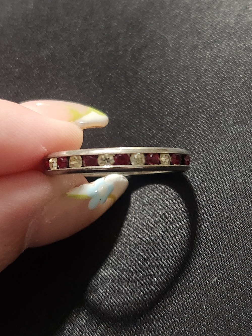 ​Vintage Full Eternity Band Channel Set Ruby Red & Clear Stones - Size 7.5